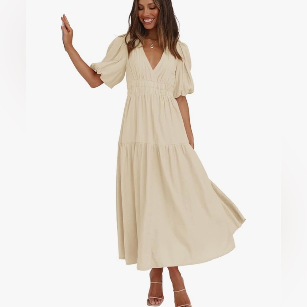 Midi Puffy Sleeved Dress - Beige